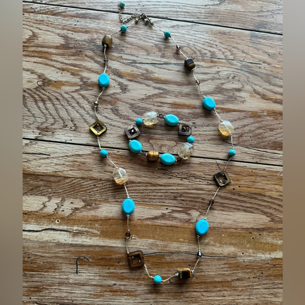 Premier Designs Turquoise and Brown Beaded Necklace and Bracelet Set ✨